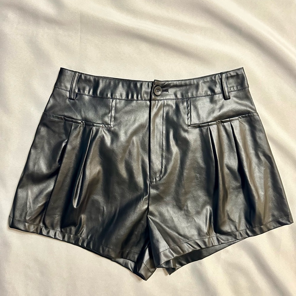 Sleek Black High Waist Leather Shorts